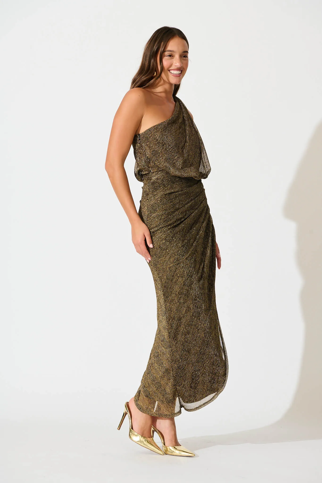 Moonlit One Shoulder Maxi Dress in Black with Gold Lurex sold by St Frock product image thumbnail 4