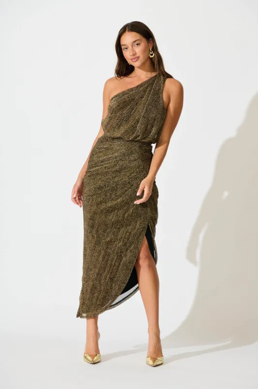 Moonlit One Shoulder Maxi Dress in Black with Gold Lurex sold by St Frock