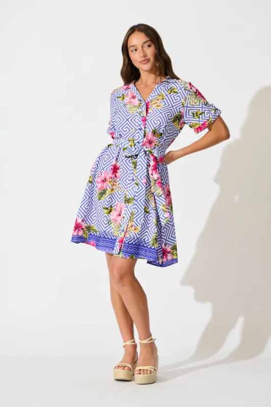 Winola Shirt Dress in Blue with Multi Floral Print sold by St Frock