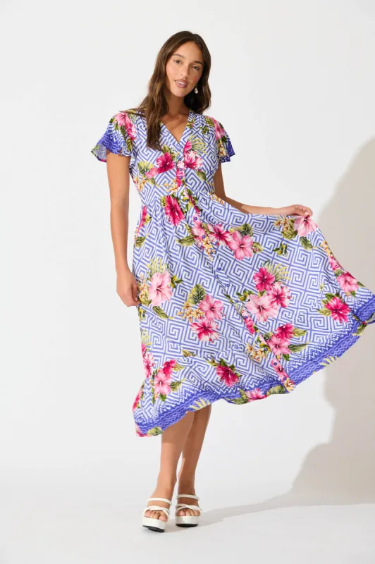 Alaria Midi Dress in Blue with Multi Floral Print sold by St Frock