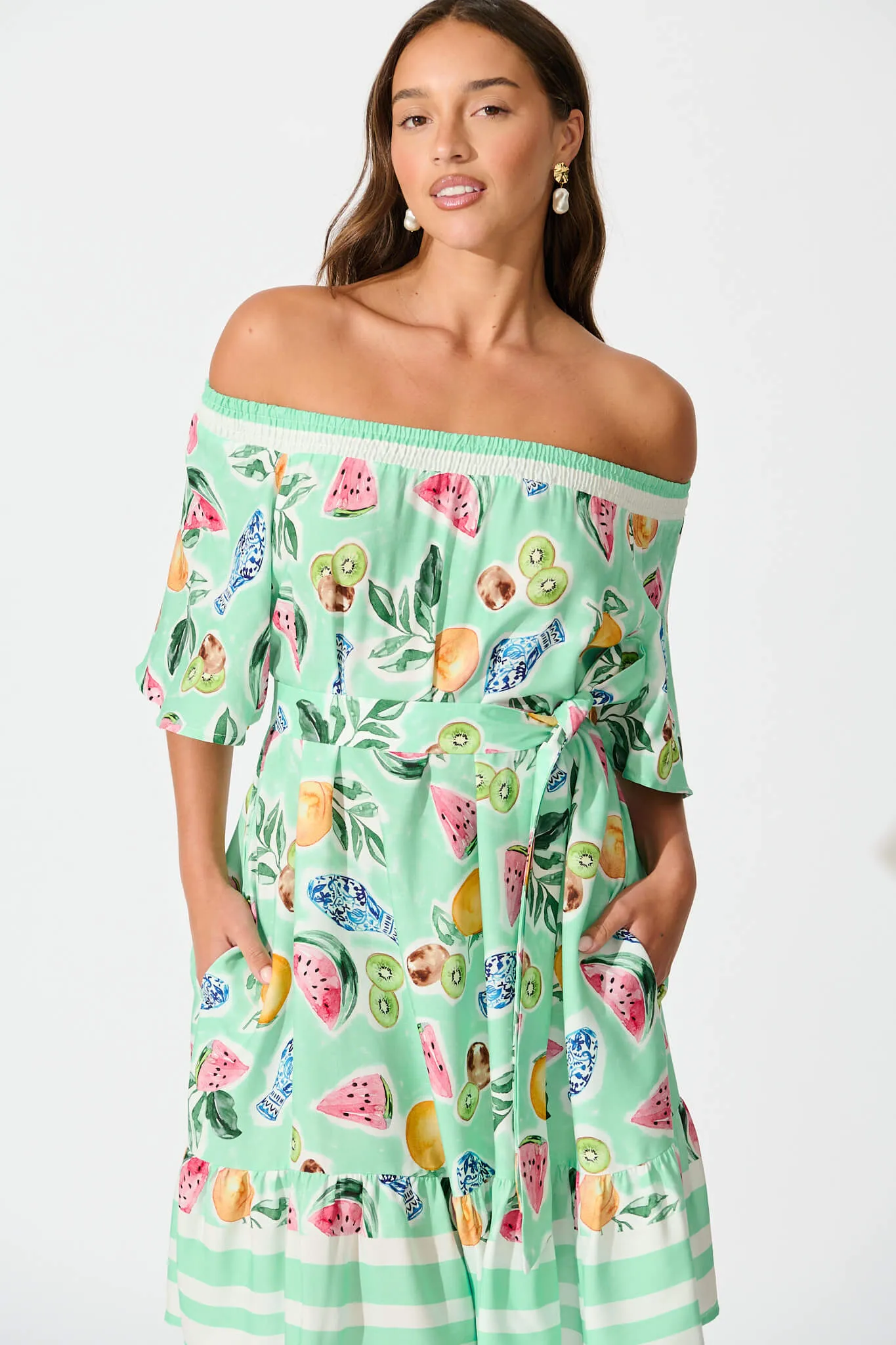 Janna Dress in Green with Multi Fruit Print sold by St Frock product image thumbnail 2