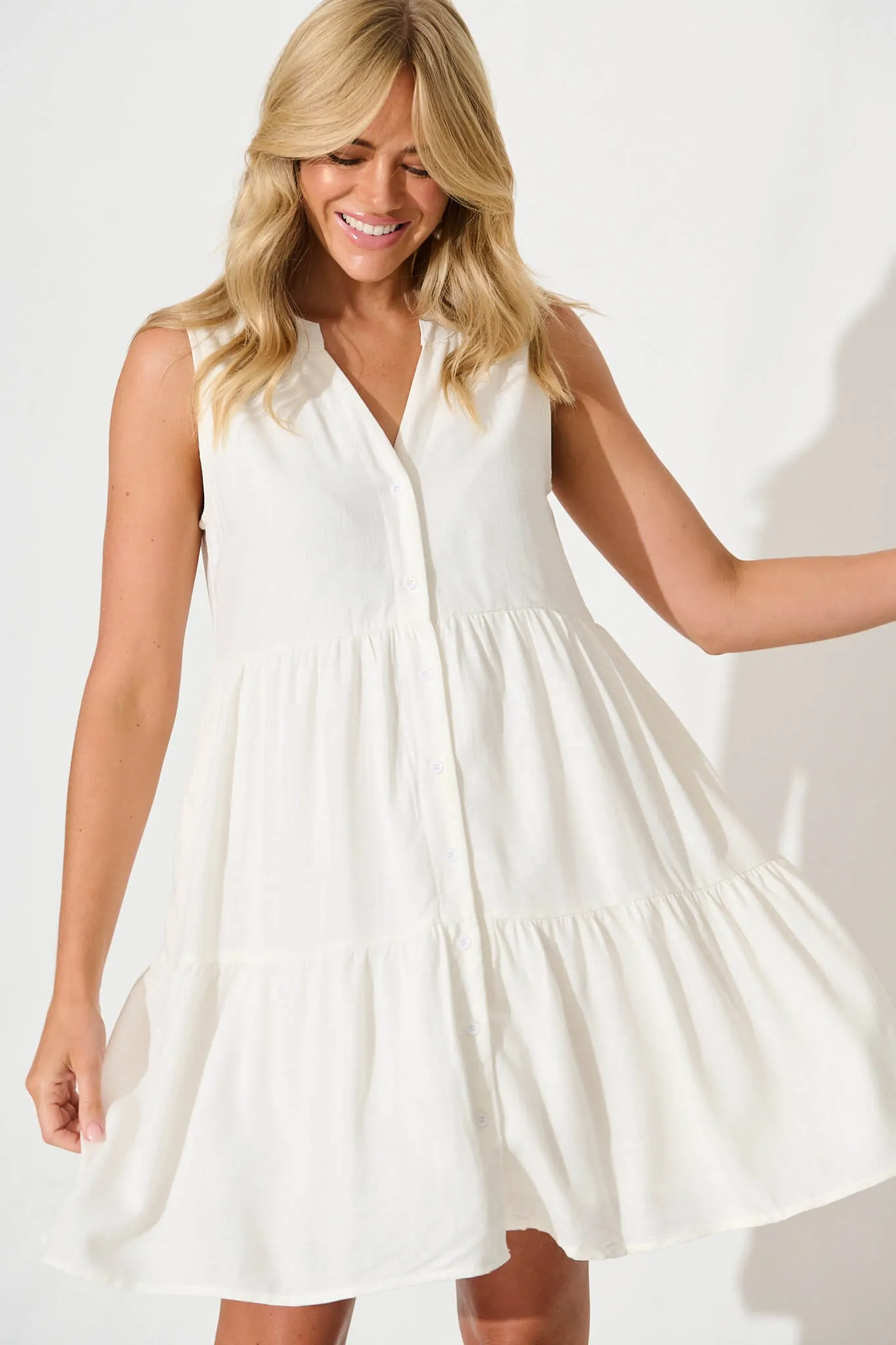Melori Smock Dress in White Linen Blend sold by St Frock product image thumbnail 2
