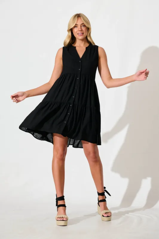 Melori Smock Dress in Black Linen Blend sold by St Frock