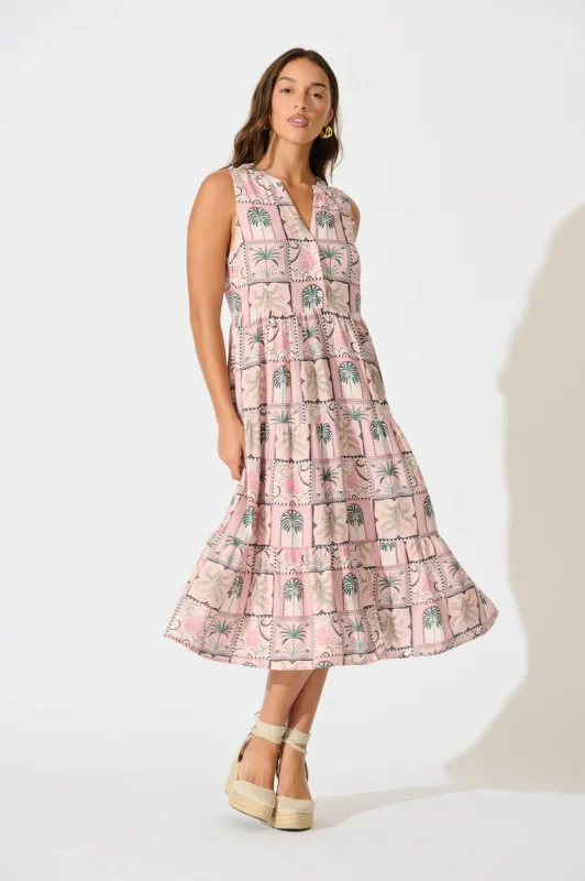 Verdona Midi Smock Dress in Blush Patchwork Palm Print sold by St Frock