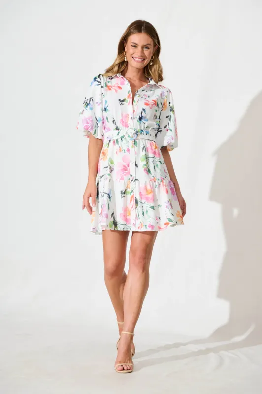 Courtney Shirt Dress In White With Multi Floral sold by St Frock