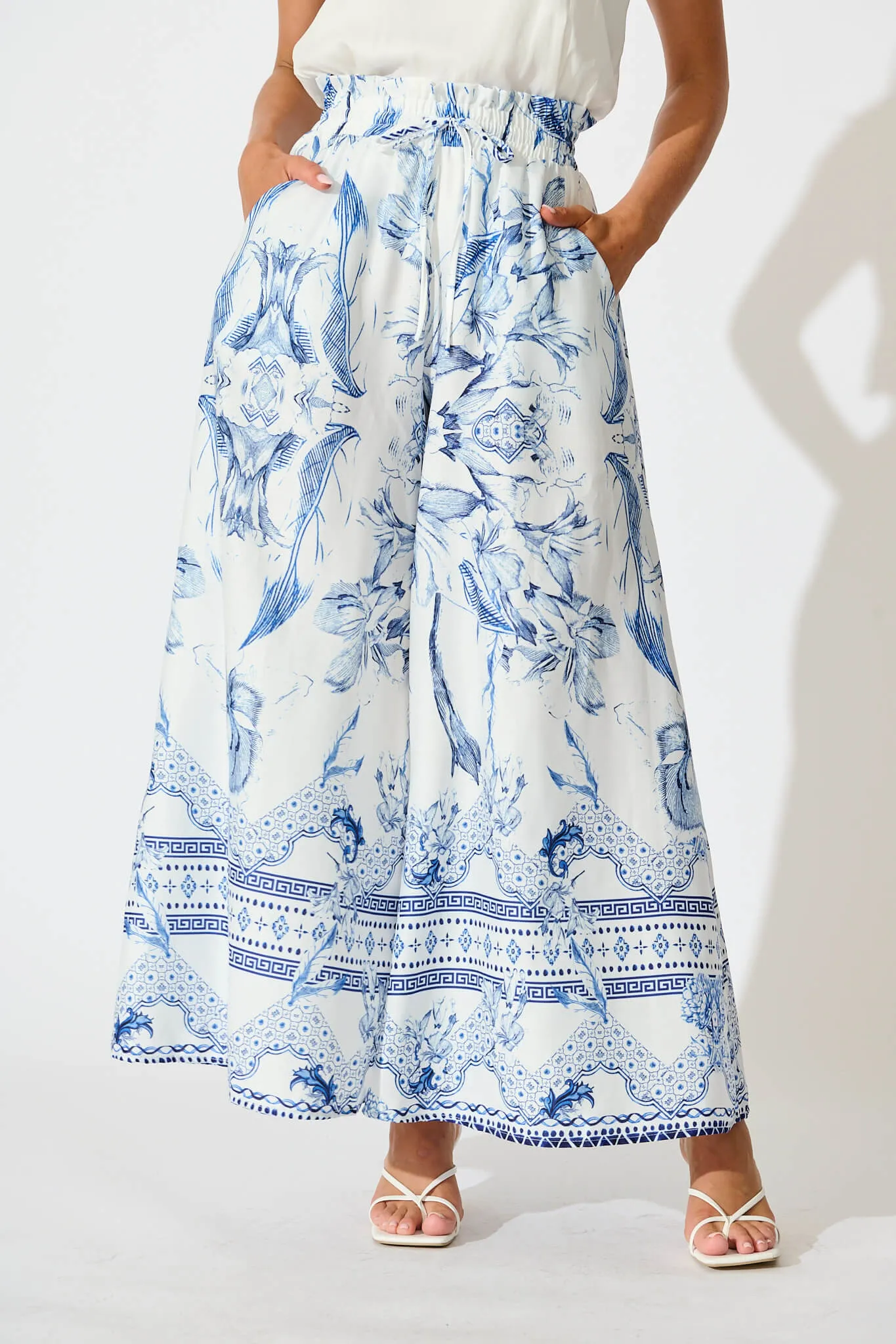 Mariah Pants in White with Blue Floral Border sold by St Frock