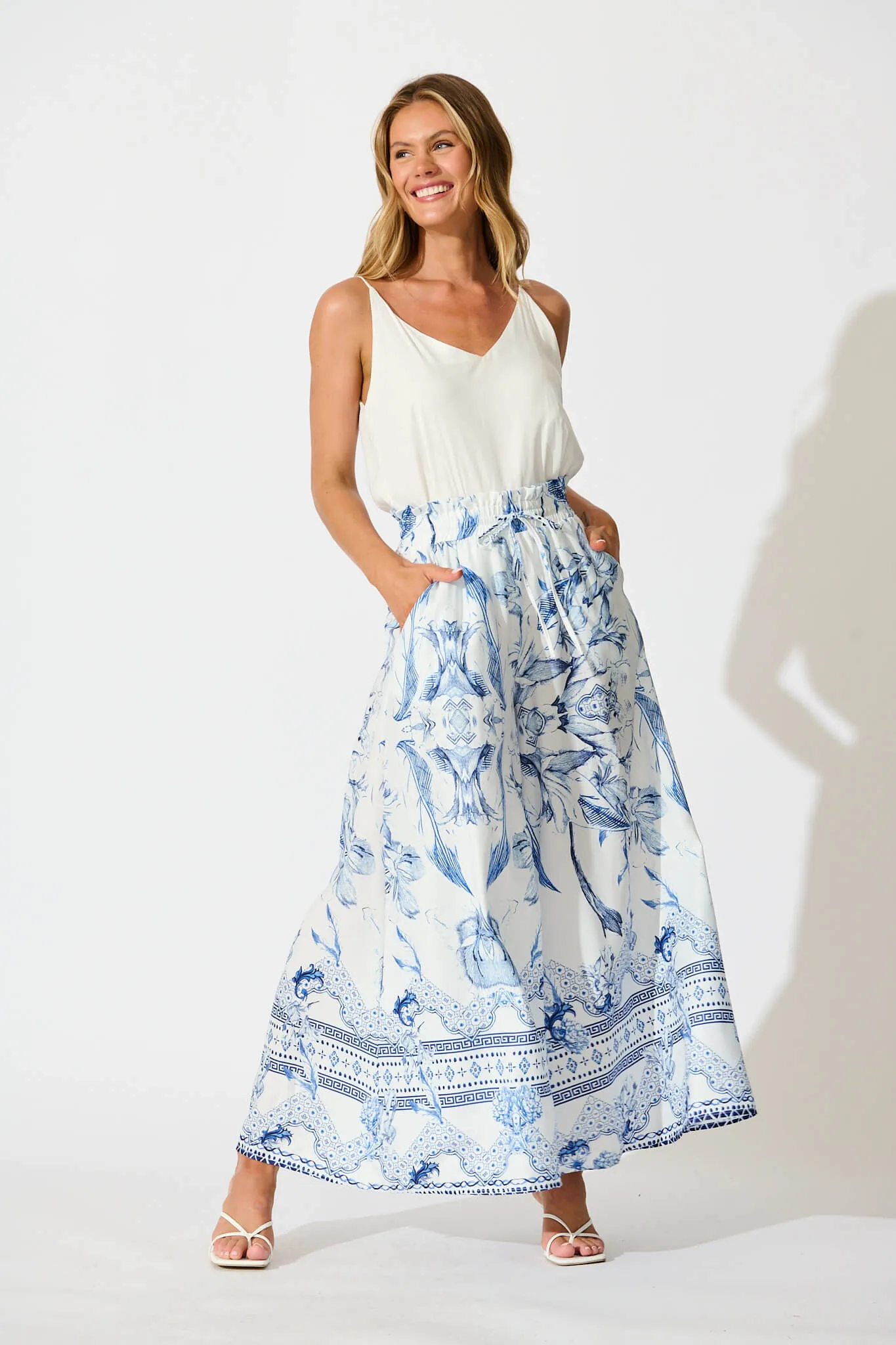 Mariah Pants in White with Blue Floral Border sold by St Frock product image thumbnail 4