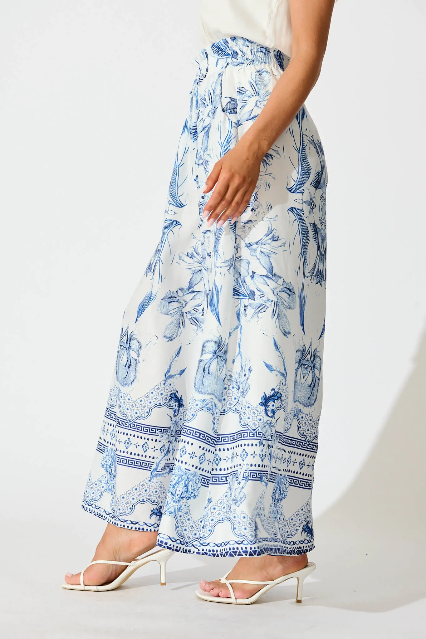 Mariah Pants in White with Blue Floral Border sold by St Frock product image thumbnail 2