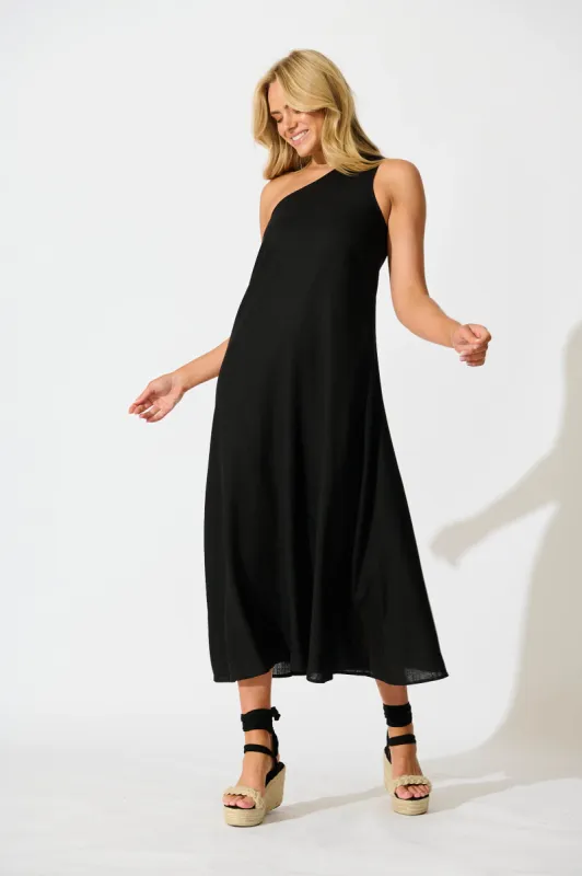 Gloria Off Shoulder Maxi Dress in Black Linen Blend sold by St Frock