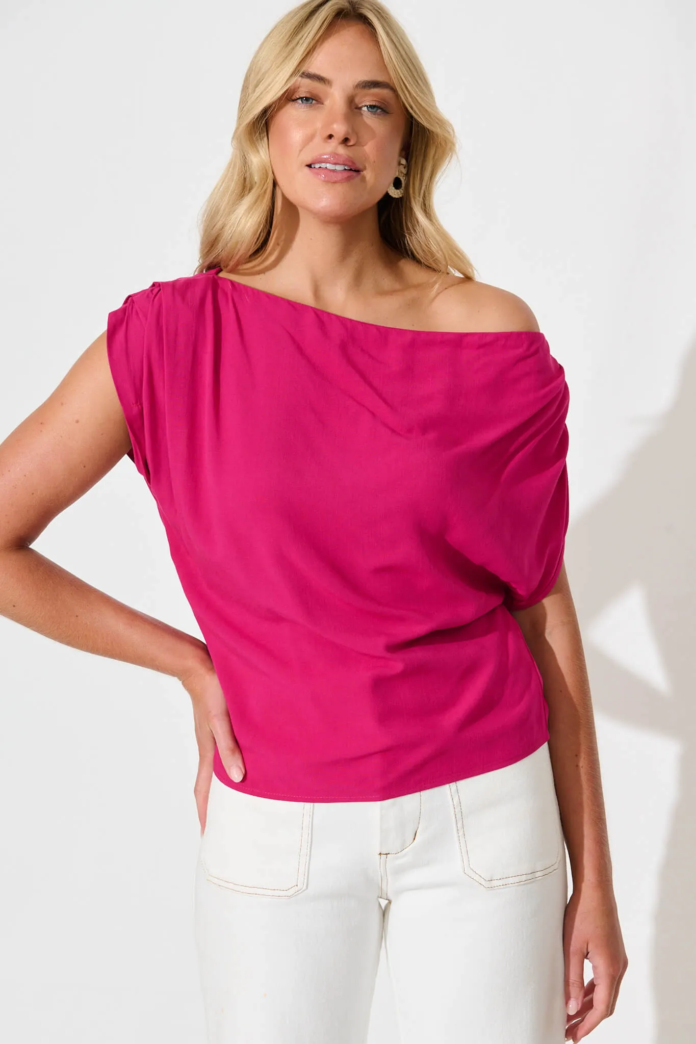 Liana Off Shoulder Top in Hot Pink sold by St Frock