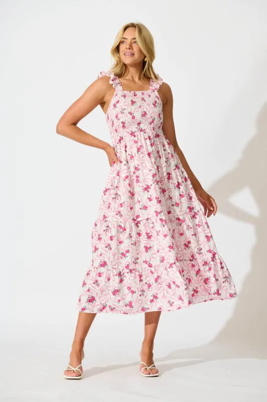 Someday Midi Sundress In Pink Floral Print Cotton sold by St Frock