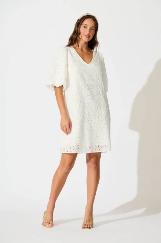 Ashlynn Dress in White Broderie Cotton sold by St Frock