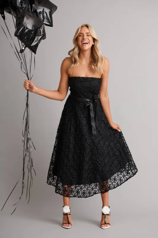 Sia Midi Dress in Black Floral Embroidered Tulle sold by St Frock