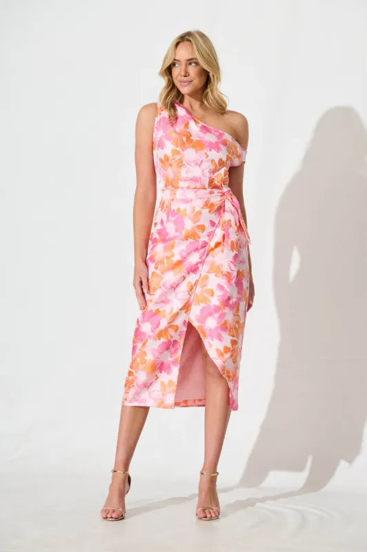 Khalani Off Shoulder Midi Dress in Pink and Orange Jaquard sold by St Frock
