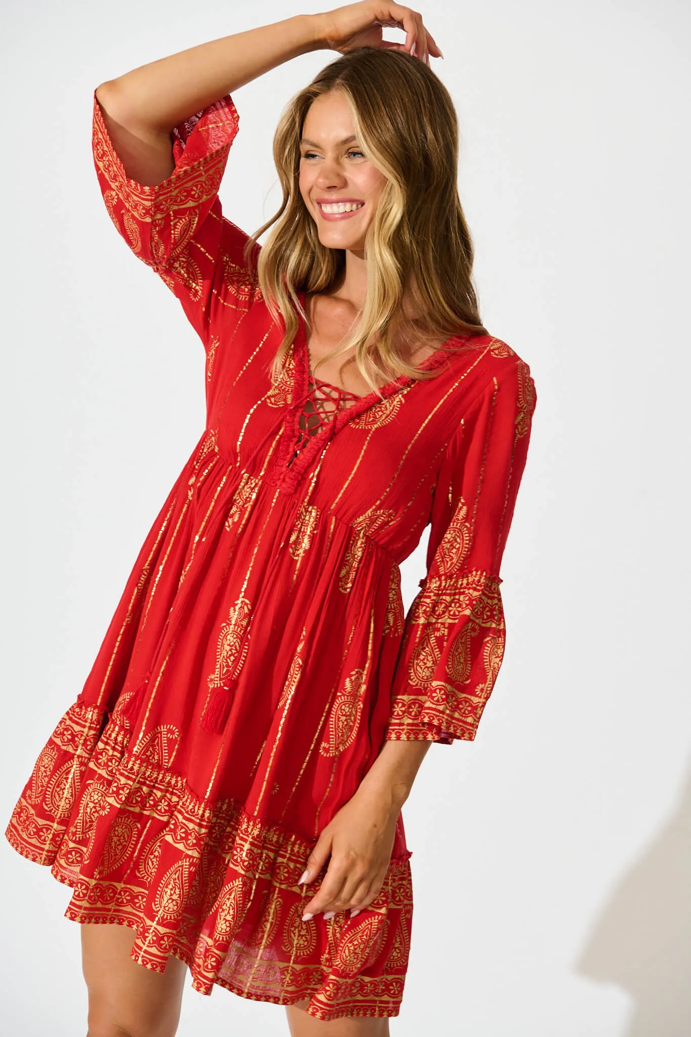 Elliott Dress In Red With Gold Print sold by St Frock product image thumbnail 2