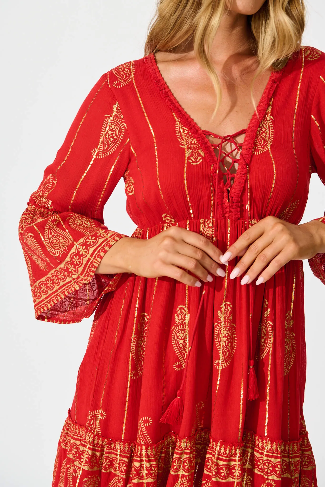 Elliott Dress In Red With Gold Print sold by St Frock product image thumbnail 5