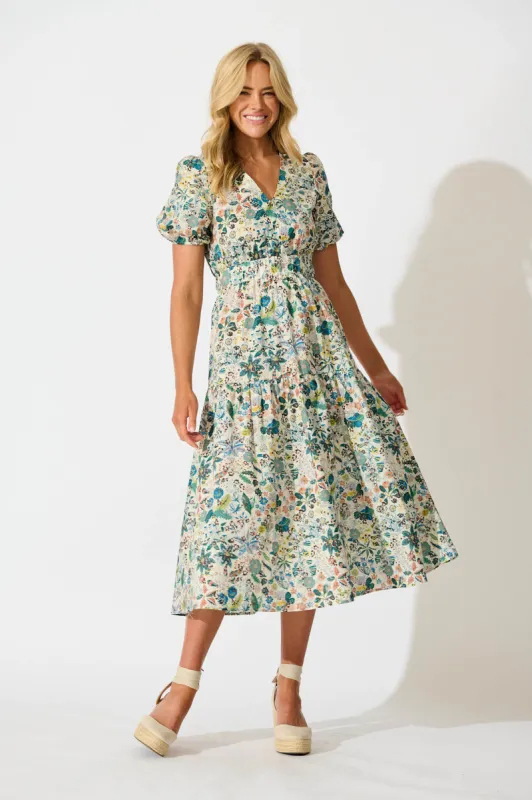 Eyes On You Midi Dress in Multi Floral Cotton sold by St Frock