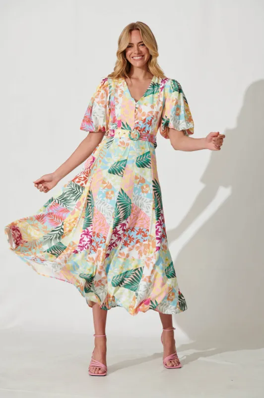 Felice Maxi Dress In Bright Leaf Patchwork Print sold by St Frock