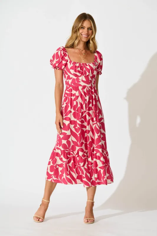 Candie Midi Dress In Pink Leaf sold by St Frock