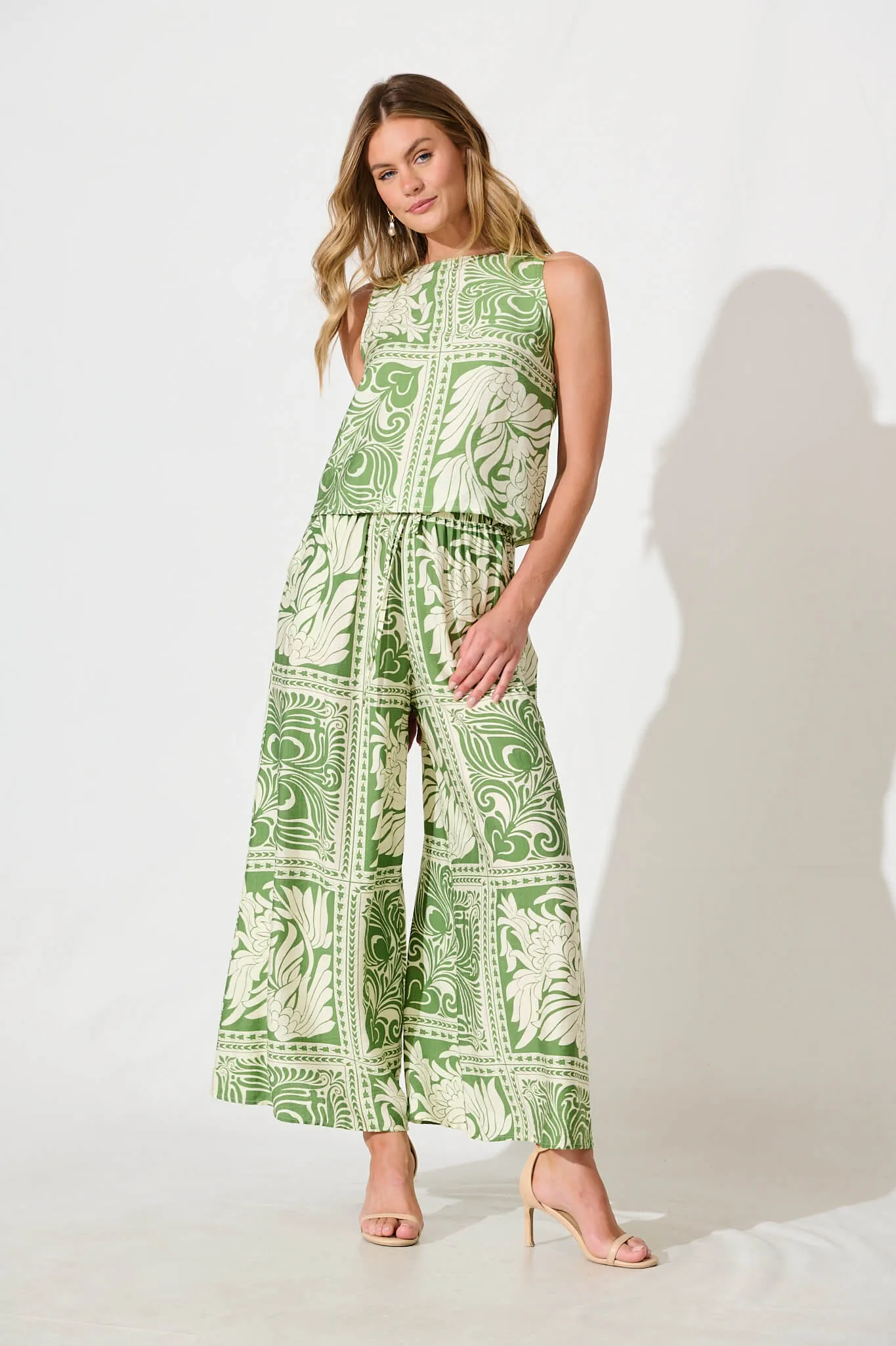 Goldie Wide Leg Pant in Green and White Tile Print sold by St Frock product image thumbnail 4