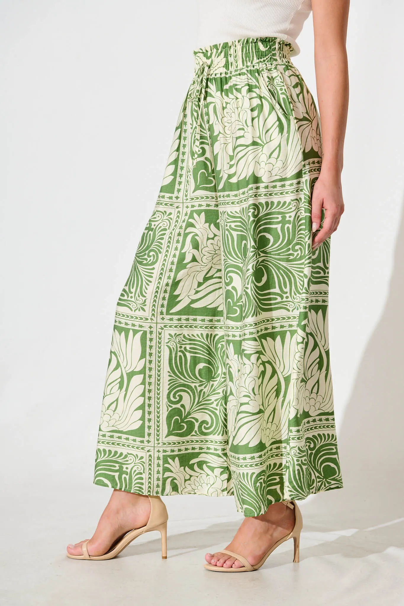 Goldie Wide Leg Pant in Green and White Tile Print sold by St Frock product image thumbnail 2