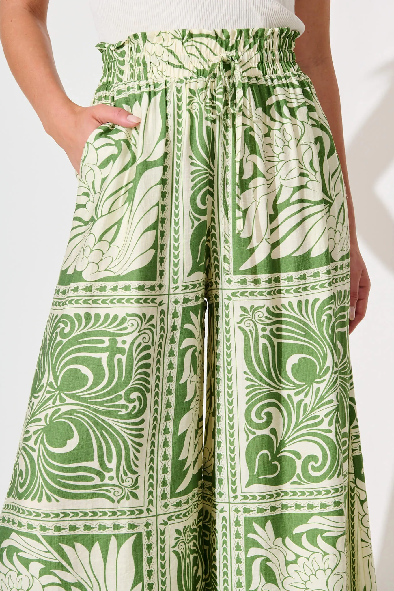 Goldie Wide Leg Pant in Green and White Tile Print sold by St Frock product image thumbnail 5