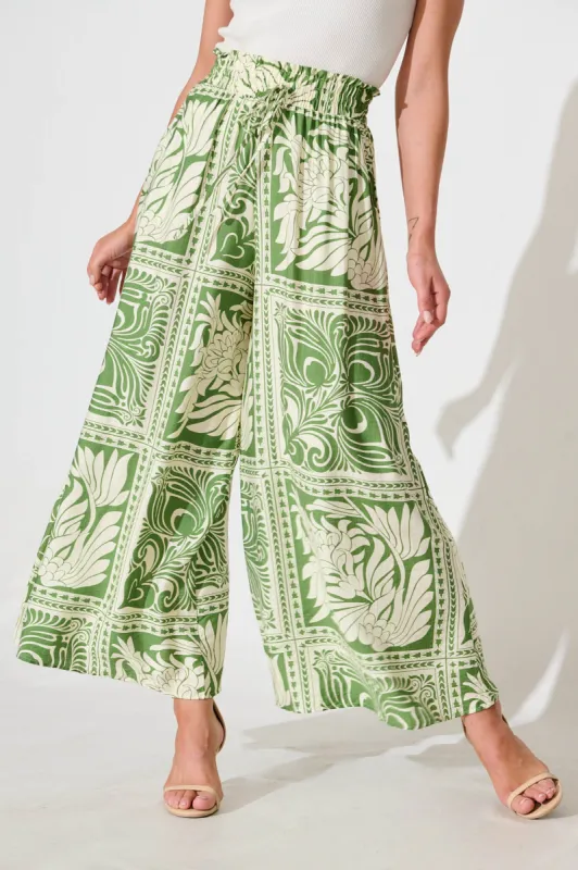 Goldie Wide Leg Pant in Green and White Tile Print sold by St Frock