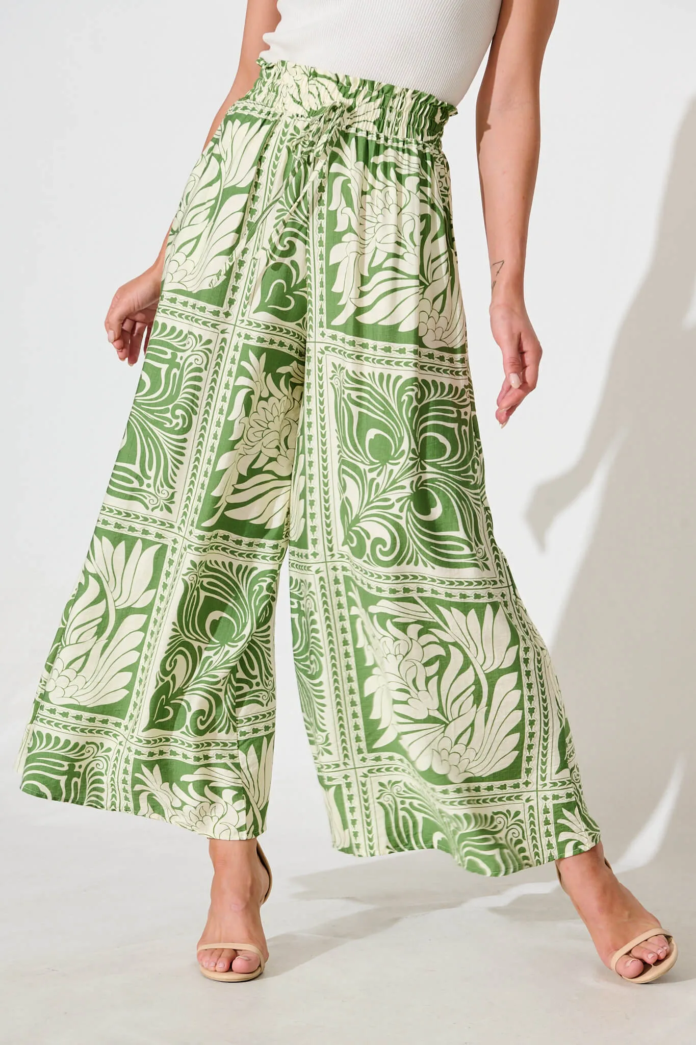 Goldie Wide Leg Pant in Green and White Tile Print sold by St Frock