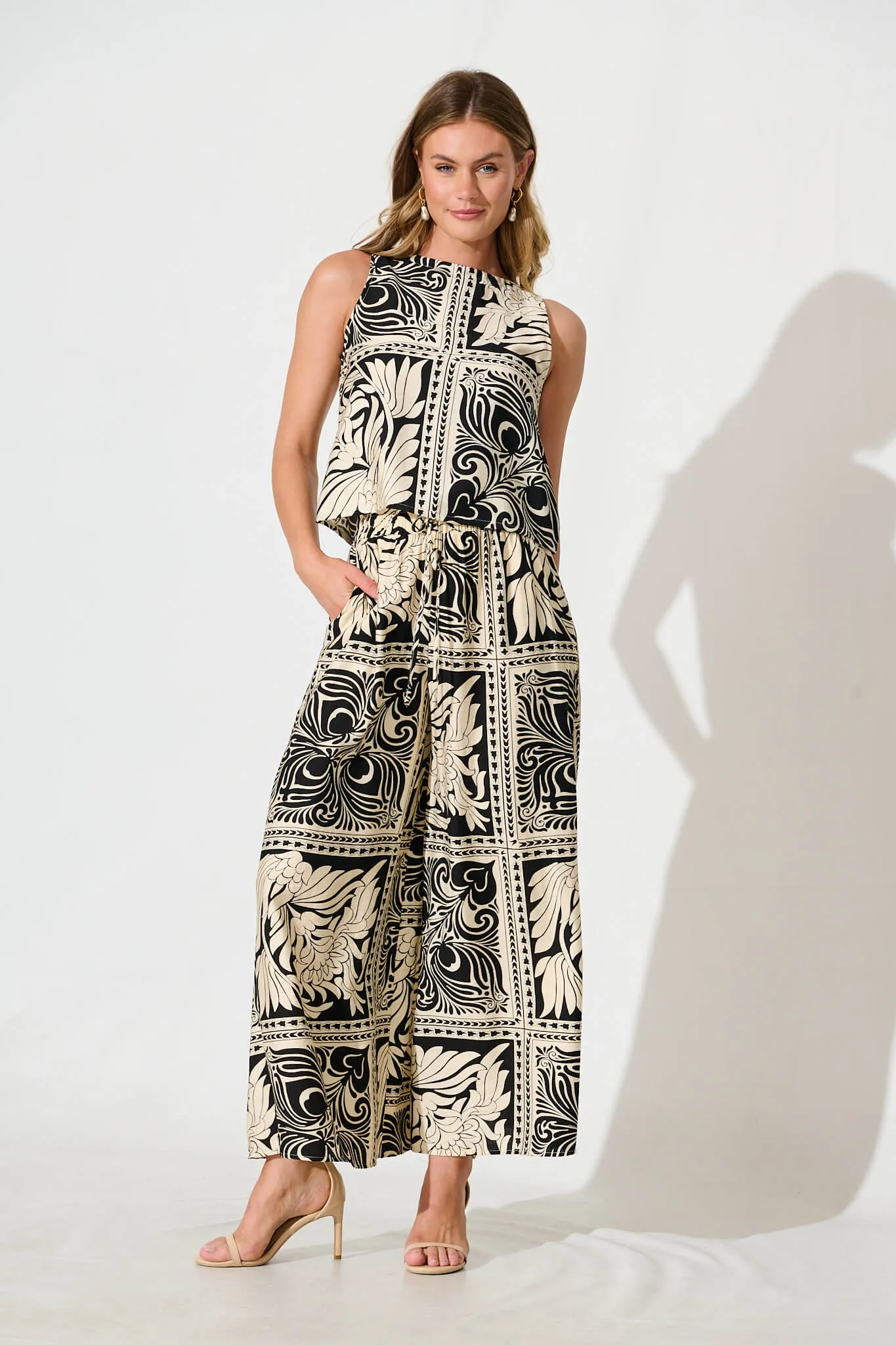 Goldie Wide Leg Pant in Black with Cream Tile Print sold by St Frock product image thumbnail 4