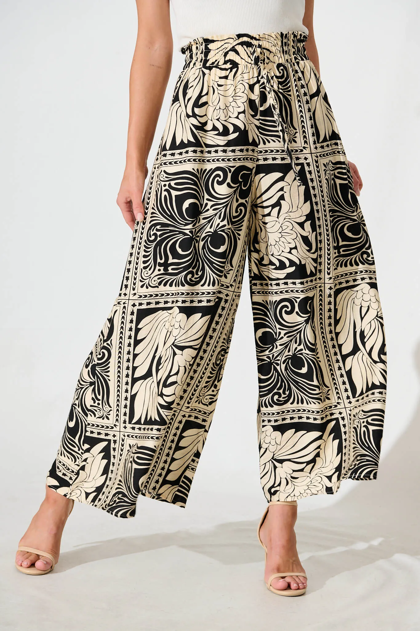Goldie Wide Leg Pant in Black with Cream Tile Print sold by St Frock