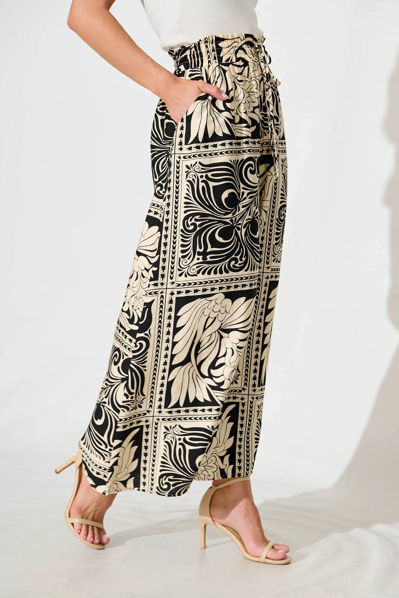 Goldie Wide Leg Pant in Black with Cream Tile Print sold by St Frock product image thumbnail 2