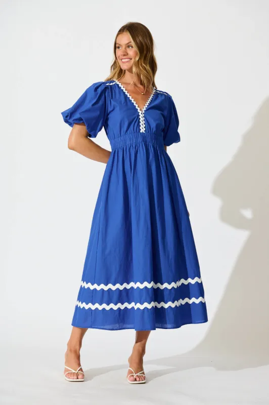 Indi Maxi Dress in Cobalt with White Ric Rac Trim Cotton sold by St Frock