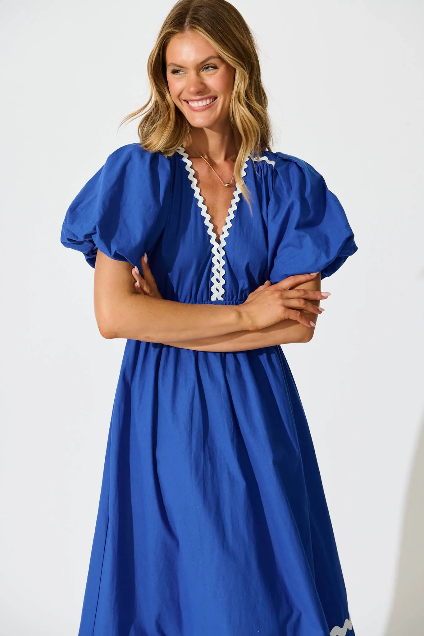 Indi Maxi Dress in Cobalt with White Ric Rac Trim Cotton sold by St Frock product image thumbnail 2