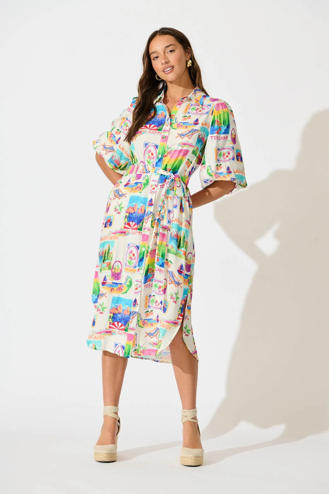 Francy Midi Shirt Dress In White With Bright Resort Print sold by St Frock