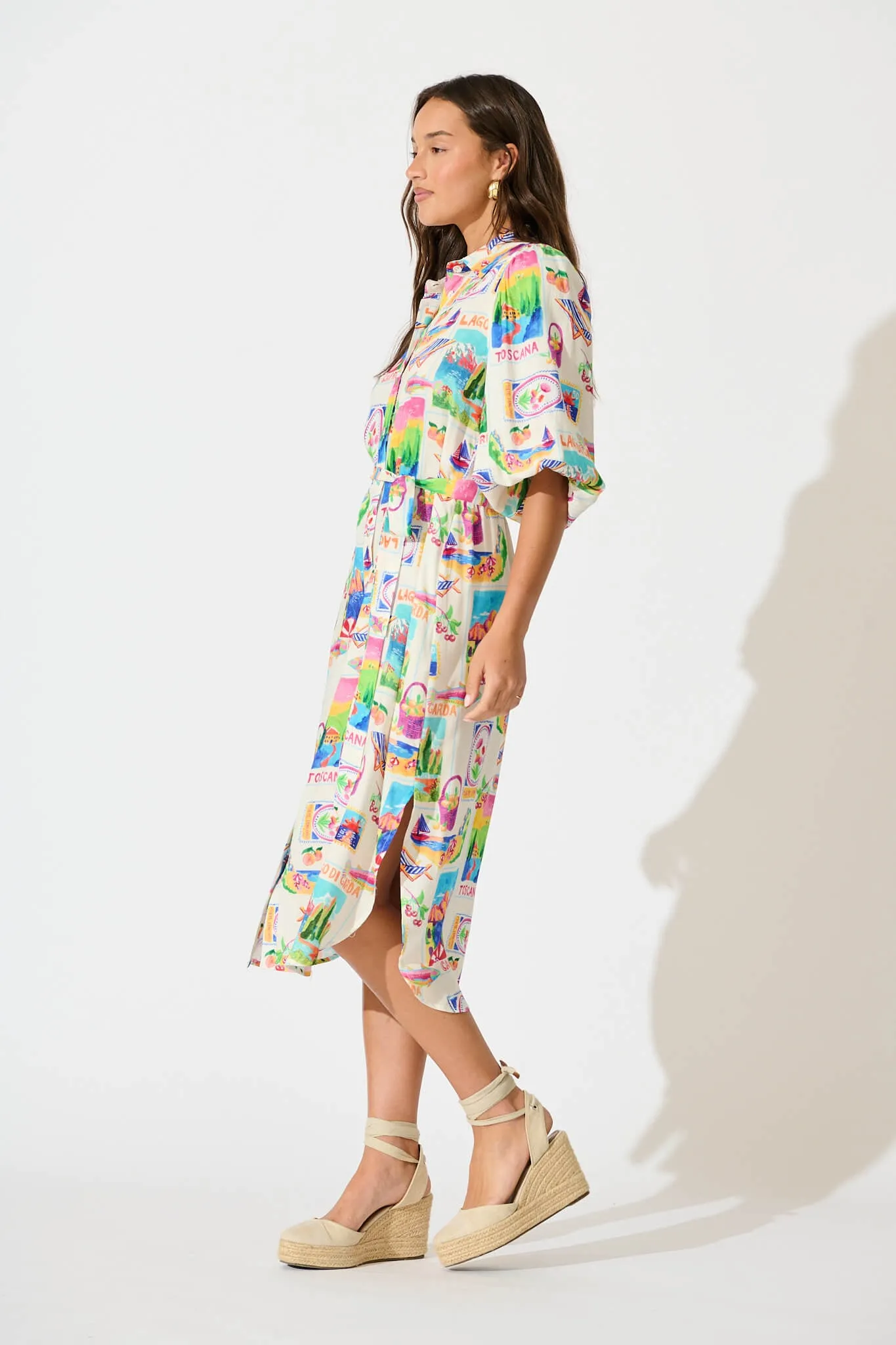 Francy Midi Shirt Dress In White With Bright Resort Print sold by St Frock product image thumbnail 3