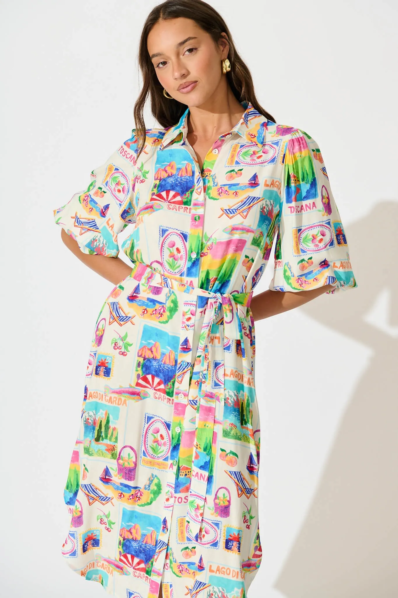 Francy Midi Shirt Dress In White With Bright Resort Print sold by St Frock product image thumbnail 2