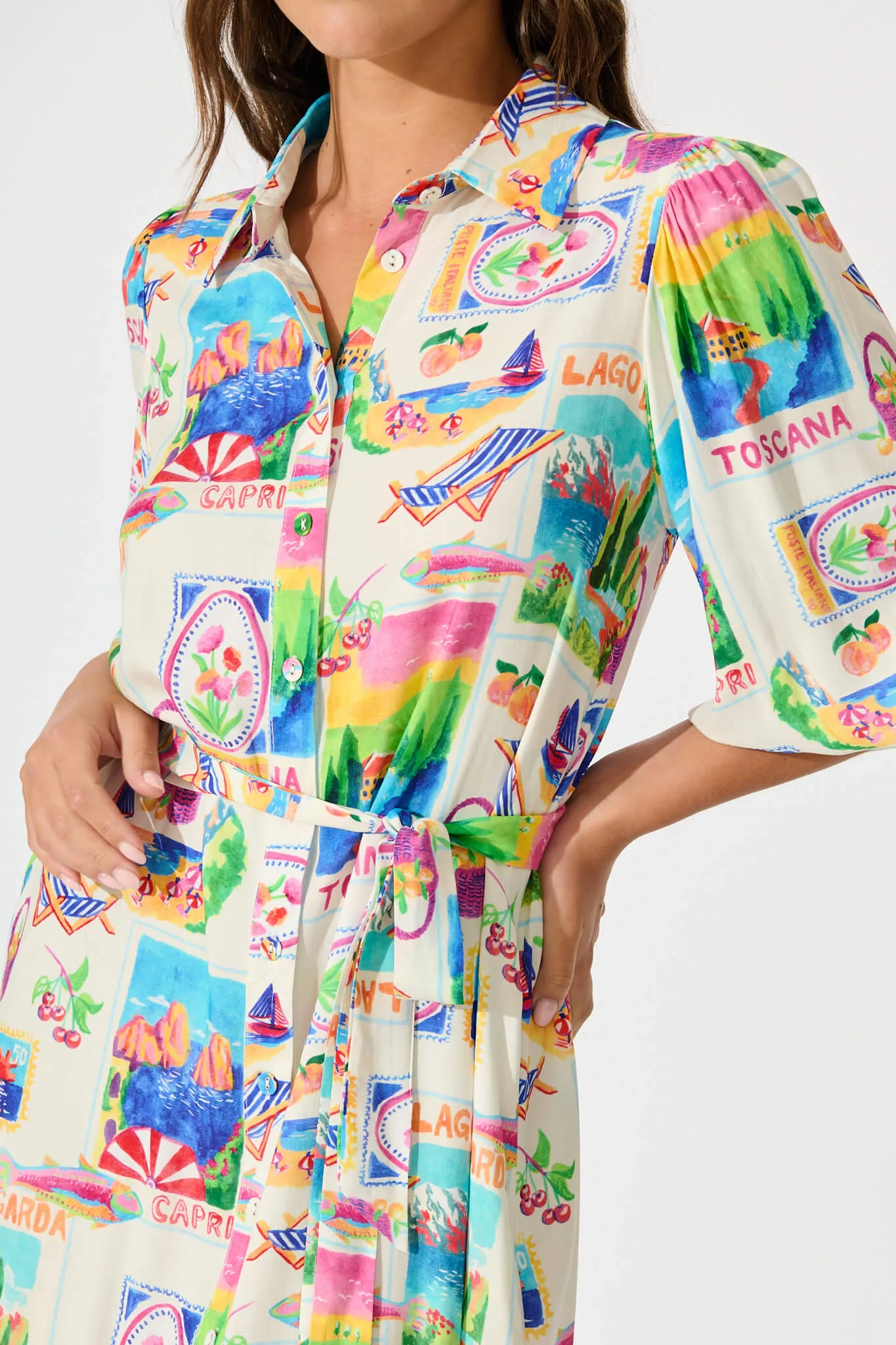 Francy Midi Shirt Dress In White With Bright Resort Print sold by St Frock product image thumbnail 5