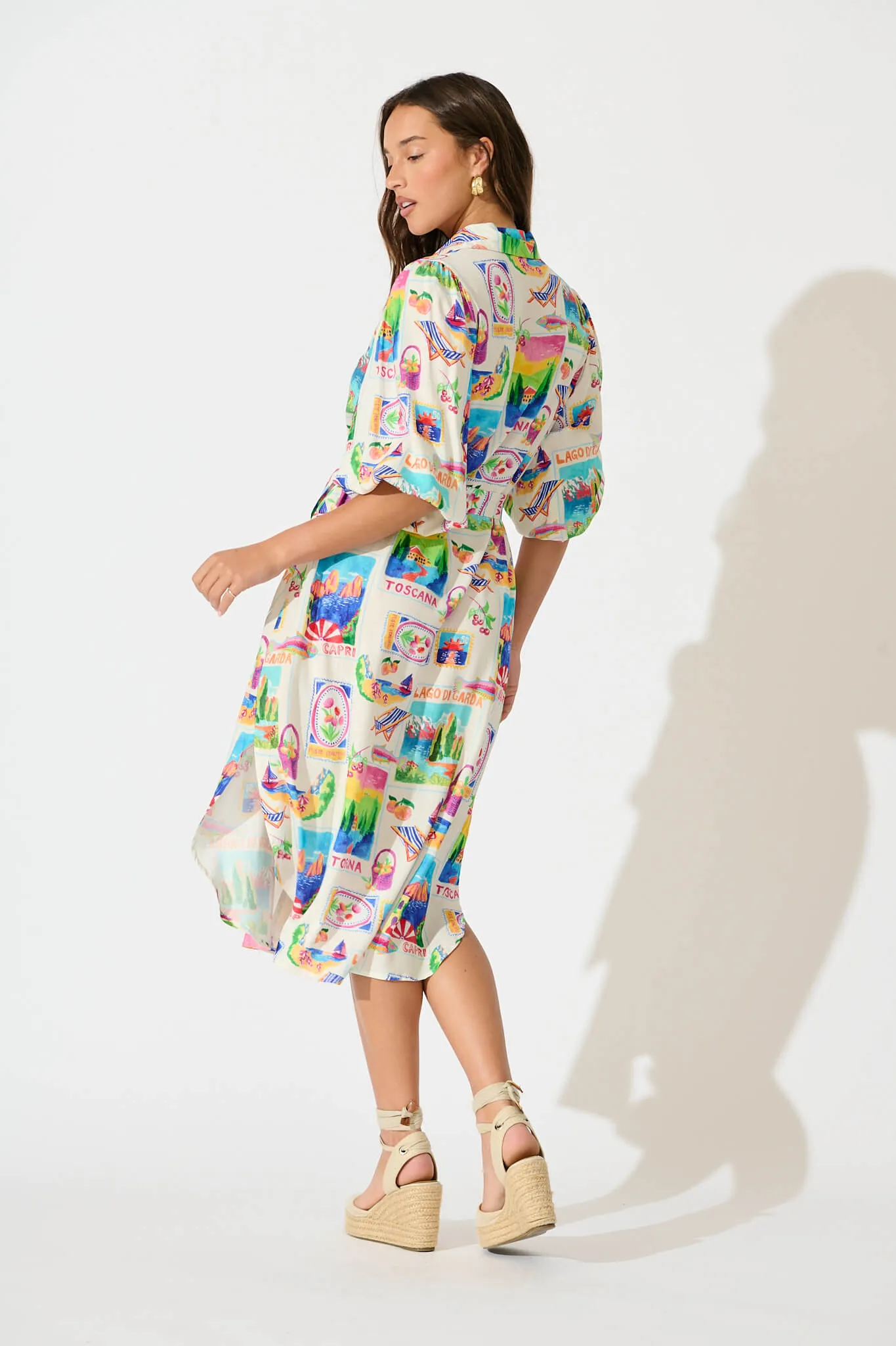 Francy Midi Shirt Dress In White With Bright Resort Print sold by St Frock product image thumbnail 4