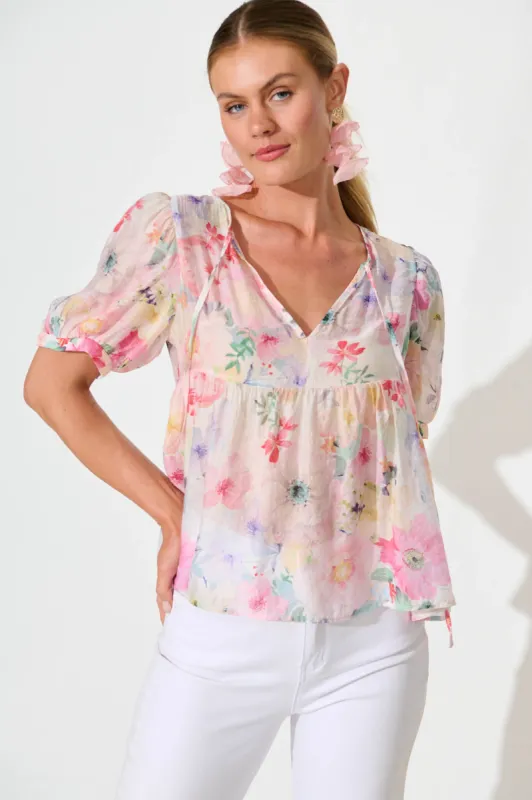 Toria Top in Pastel Watercolour Floral sold by St Frock