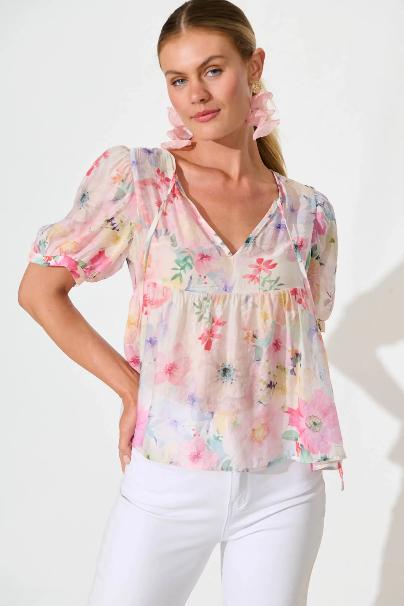 Toria Top in Pastel Watercolour Floral sold by St Frock