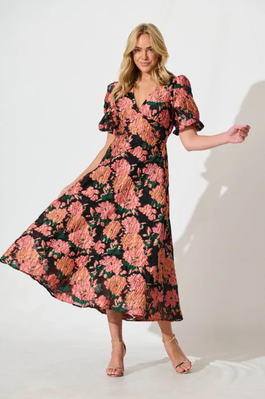 Opulence Midi Dress In Coral Floral Organza sold by St Frock