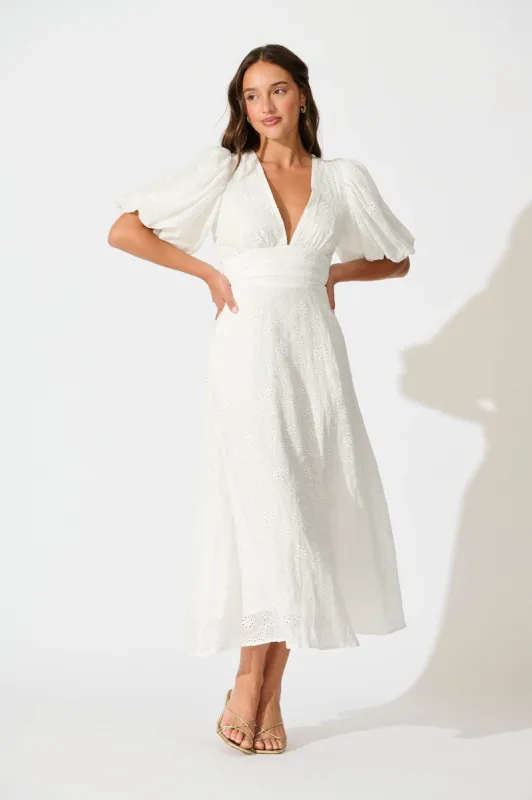 Duchess Maxi Dress In White Broderie Cotton sold by St Frock