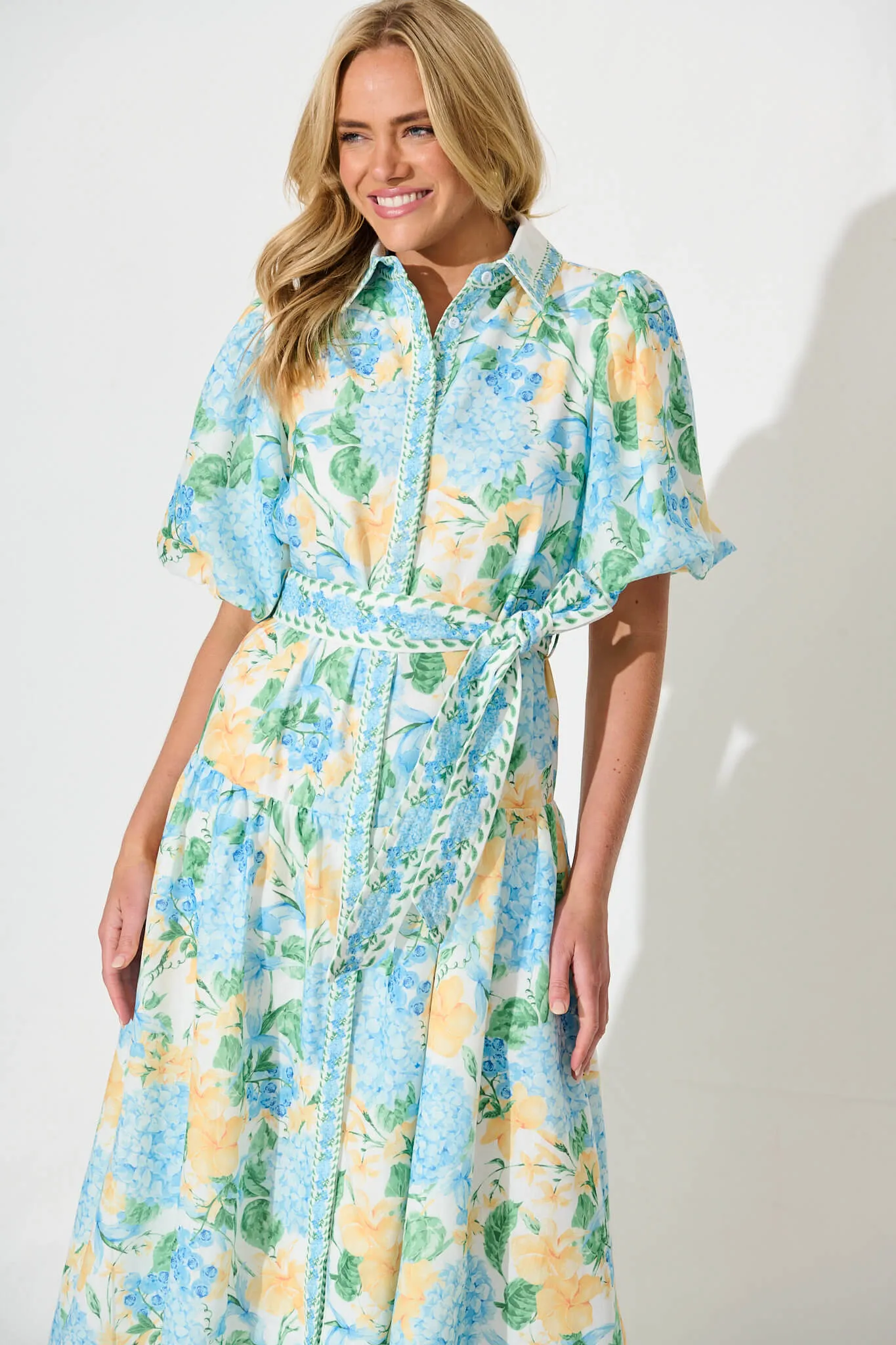 Lovelife Maxi Shirt Dress In Blue Yellow Floral Linen Blend sold by St Frock product image thumbnail 2