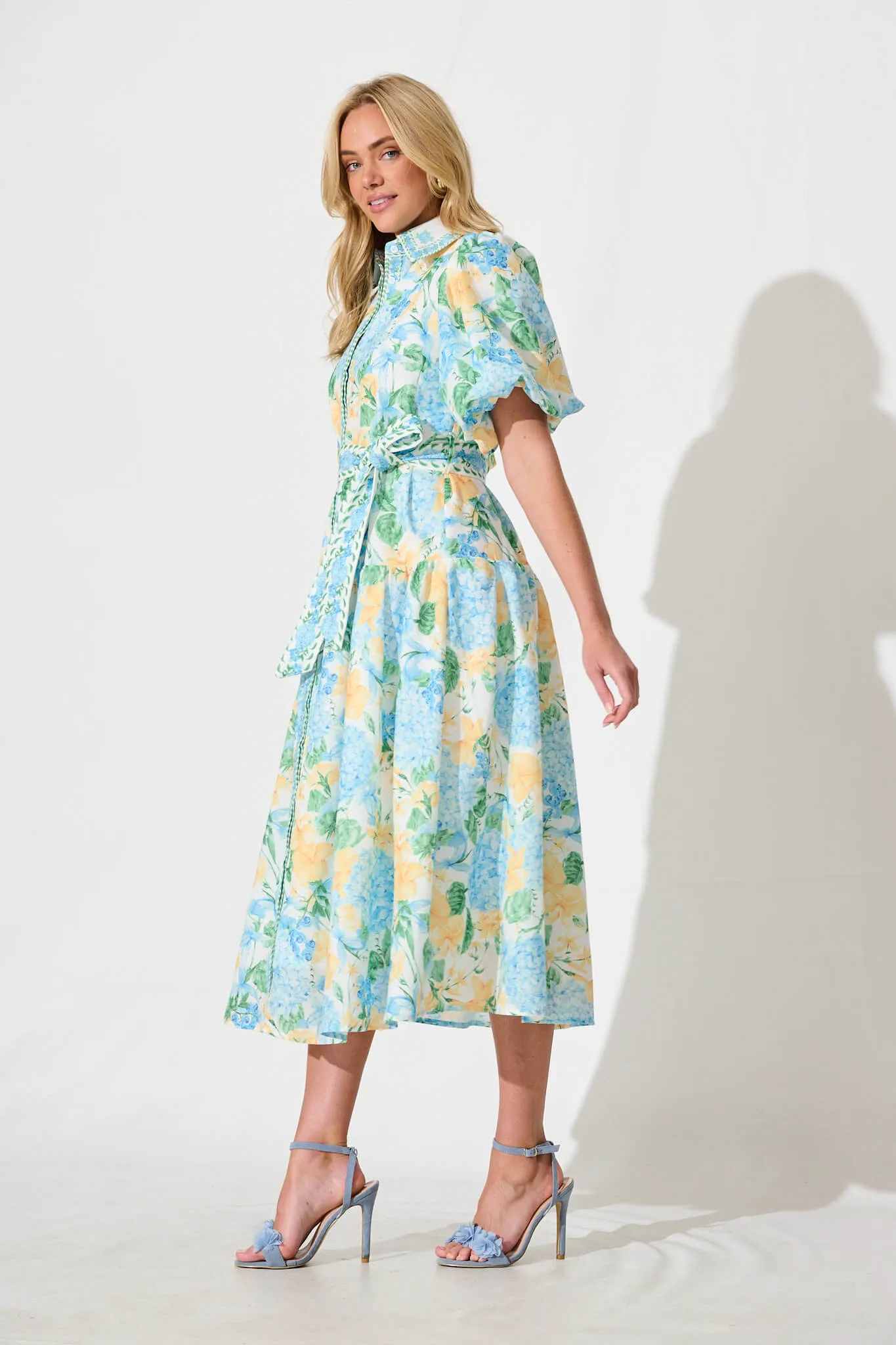 Lovelife Maxi Shirt Dress In Blue Yellow Floral Linen Blend sold by St Frock product image thumbnail 3
