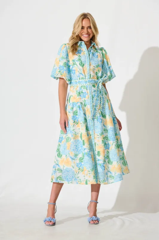 PRE ORDER Lovelife Maxi Shirt Dress In Blue Yellow Floral Linen Blend sold by St Frock