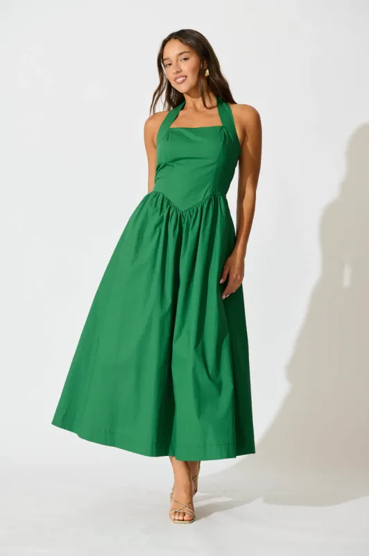 Lanna Halter Neck Maxi Dress in Green Cotton sold by St Frock