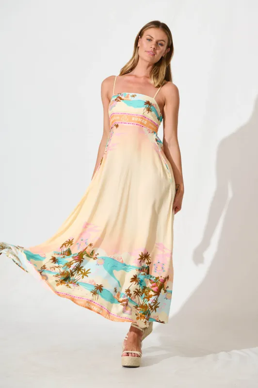 Willa Maxi Sundress in Beige with Multi Summer Print sold by St Frock
