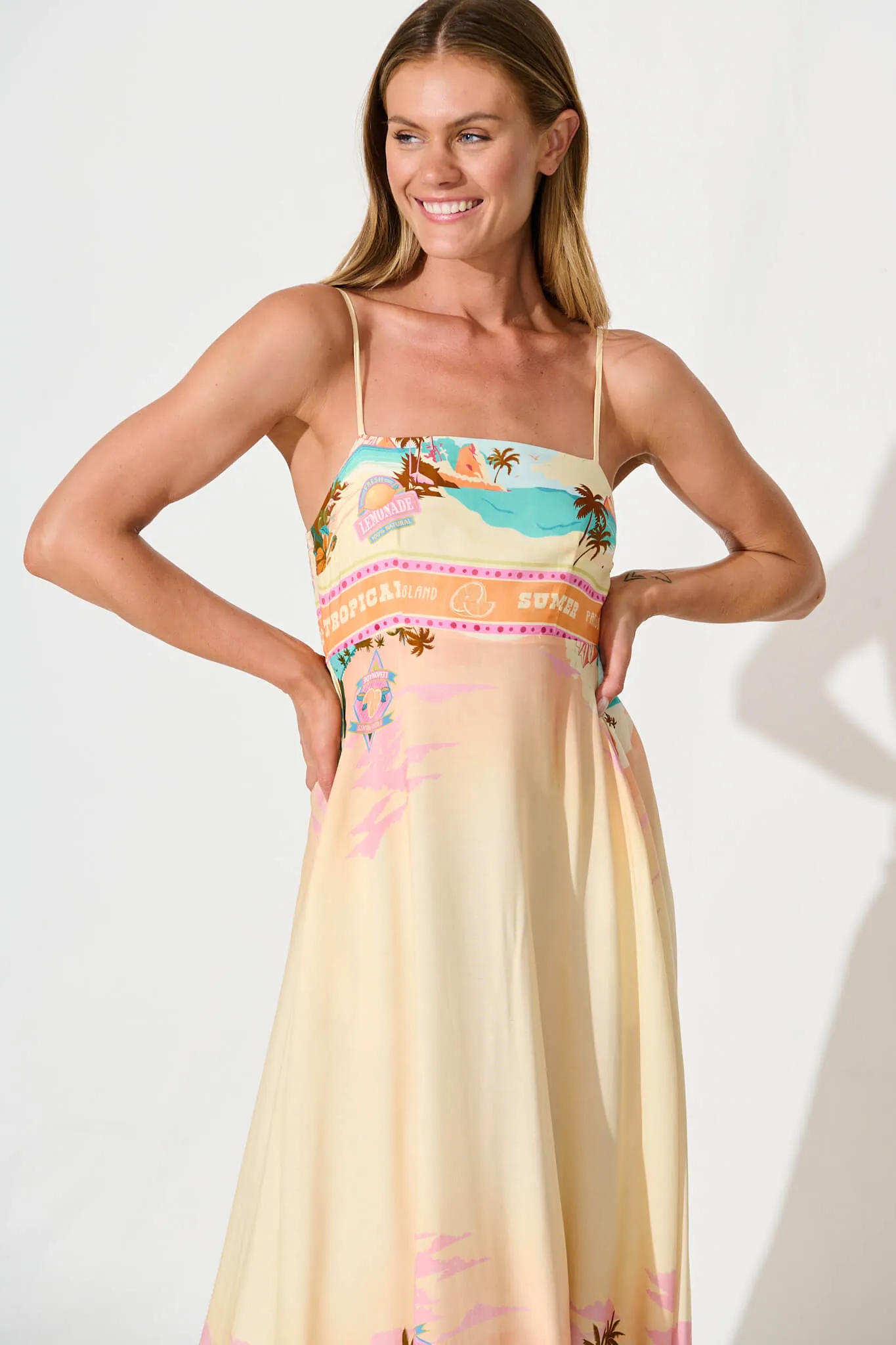 Willa Maxi Sundress in Beige with Multi Summer Print sold by St Frock product image thumbnail 2