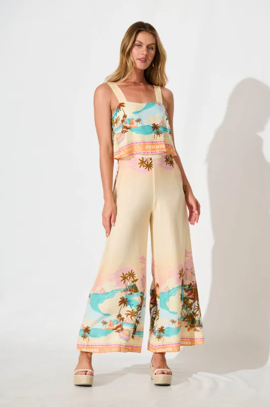 Sandcastle Jumpsuit in Beige with Multi Summer Print sold by St Frock