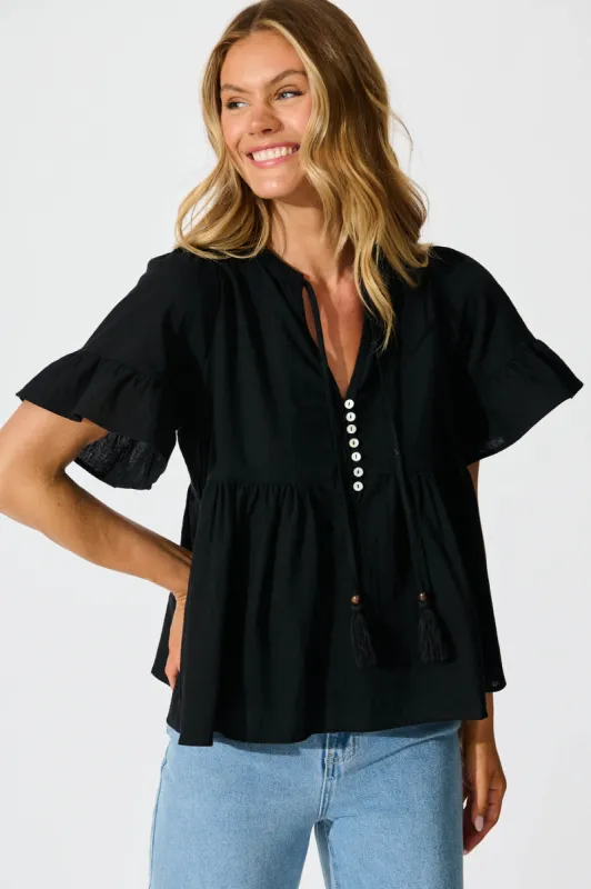 Orla Top in Black Cotton Linen sold by St Frock